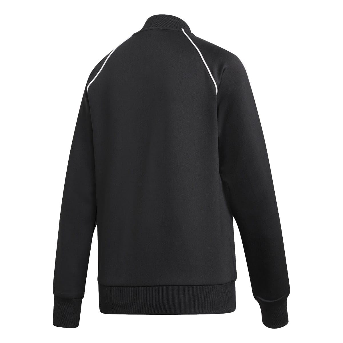 Black track top back view with stand collar and white triple side sleeve stripes