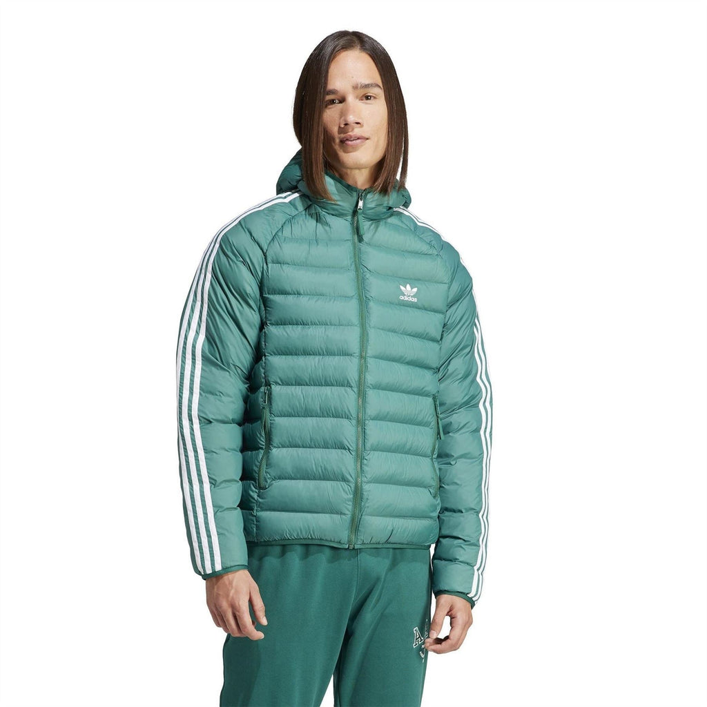 Teal adidas hooded puffer jacket with full-zip front and white striped sleeves