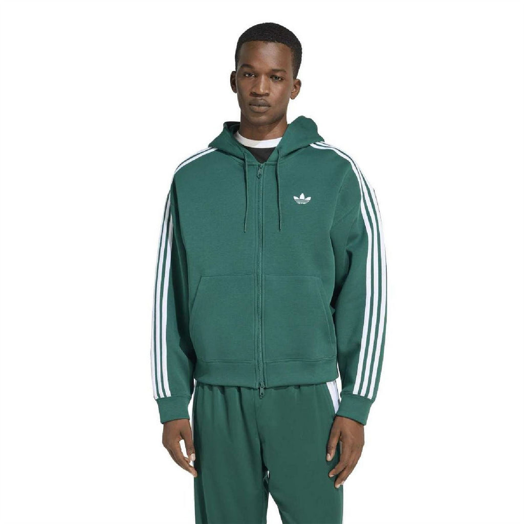 Green hooded zip sweatshirt with drawstring, front logo, and white triple stripe sleeves