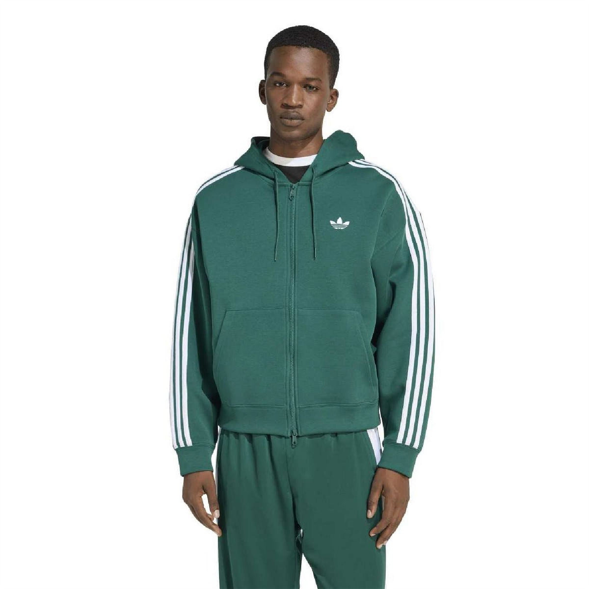 Green hooded zip sweatshirt with drawstring, front logo, and white triple stripe sleeves
