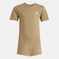 Tan adidas juniors T-shirt and shorts set, front view; short sleeves, logo on chest