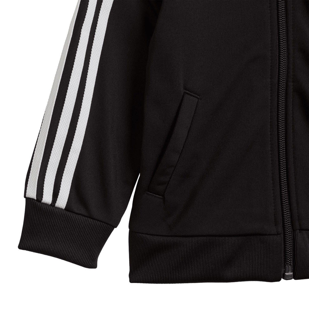 Infant black tracksuit jacket sleeve with white triple stripe and front zipper panel