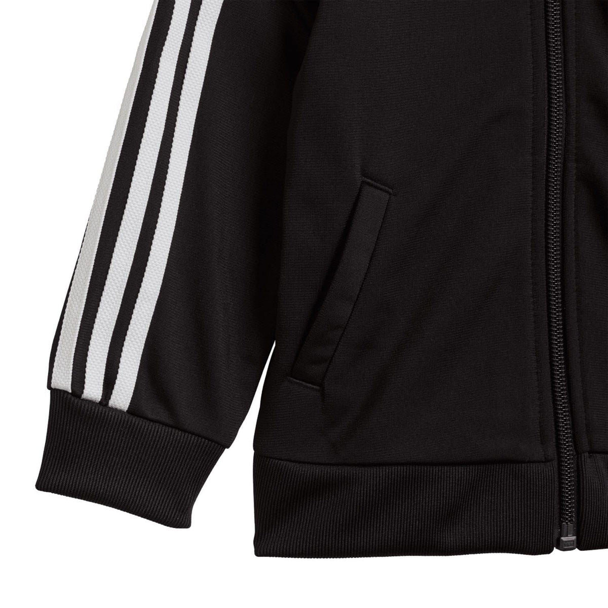 Infant black tracksuit jacket sleeve with white triple stripe and front zipper panel