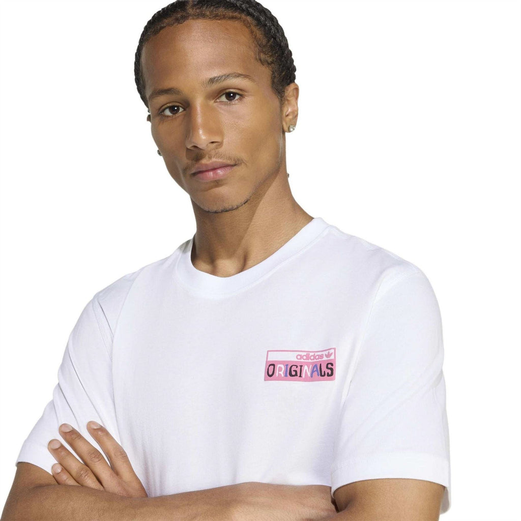 White crew-neck T-shirt with small adidas Originals logo graphic on chest.