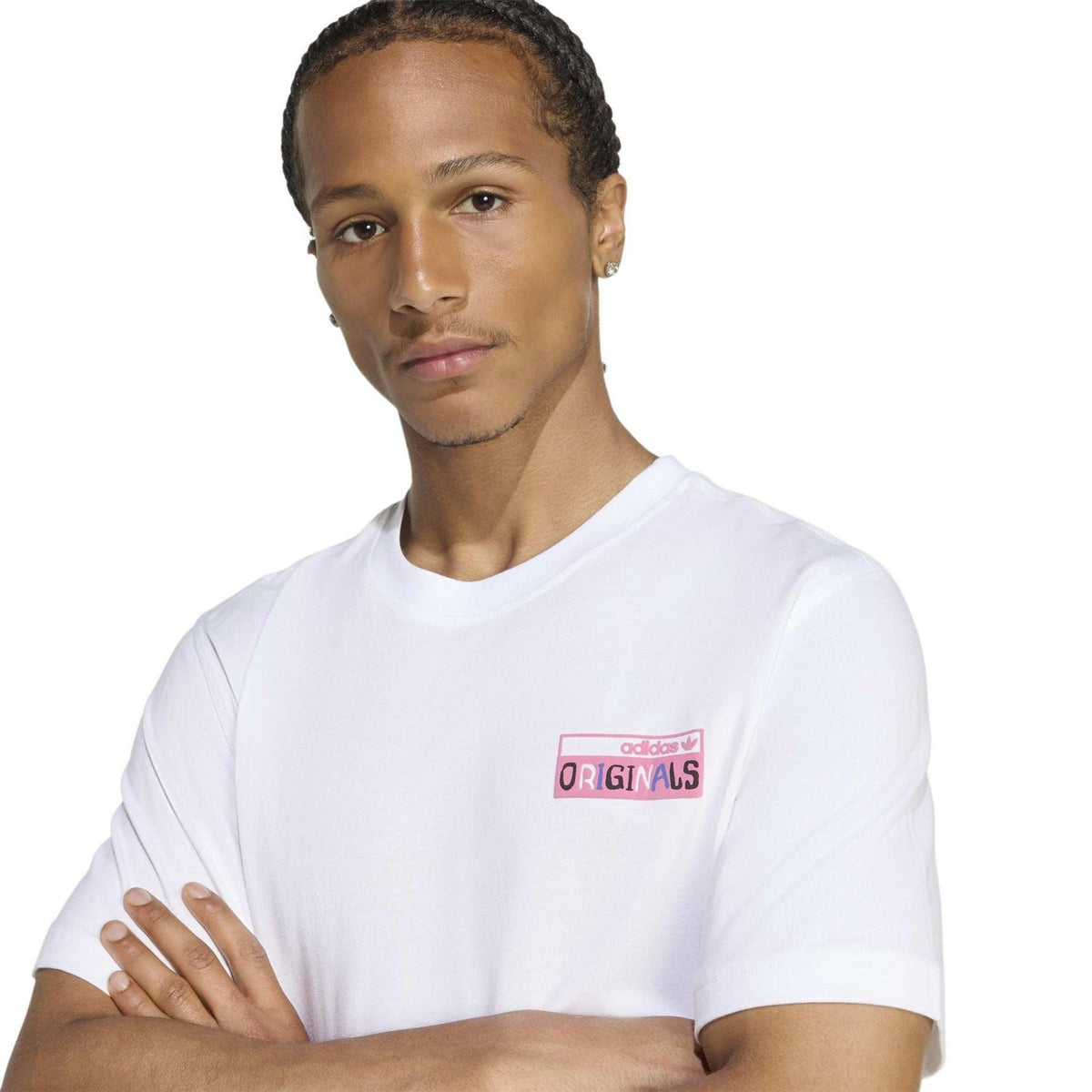 White crew-neck T-shirt with small adidas Originals logo graphic on chest.