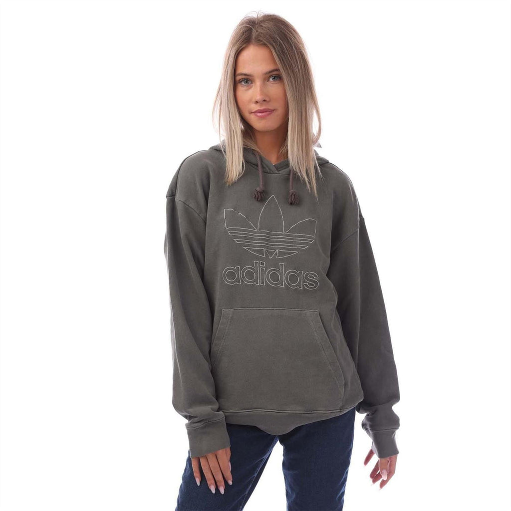 Charcoal pullover hoodie with adidas graphic, drawstring hood, kangaroo pocket