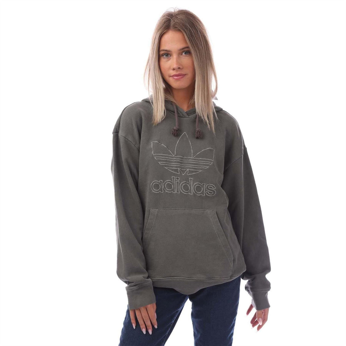 Charcoal pullover hoodie with adidas graphic, drawstring hood, kangaroo pocket