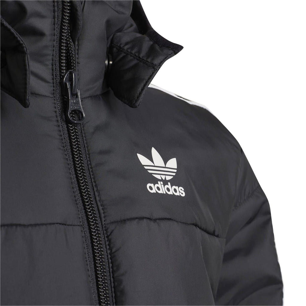 Black adidas puffer jacket with zipper pull and chest logo