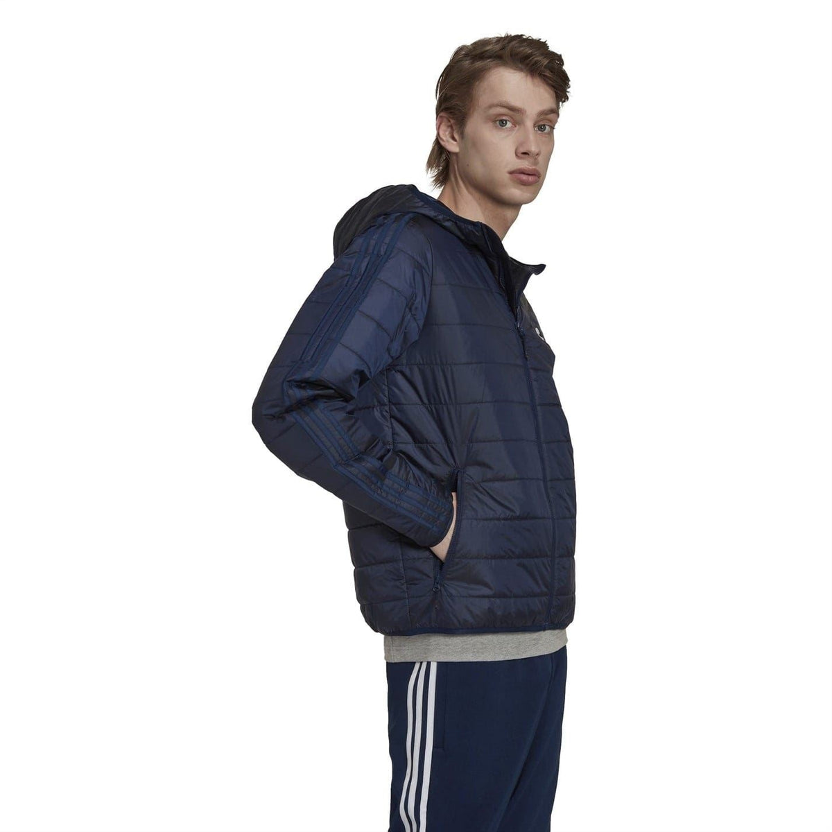adidas hooded padded jacket in dark navy with hood and quilted front