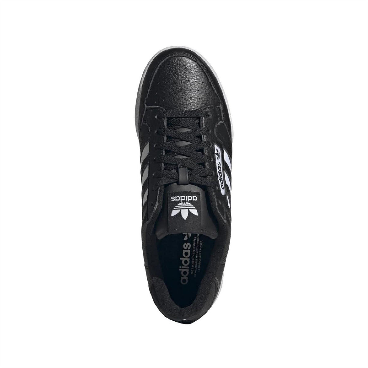 Black adidas low-top trainers top view with lace-up closure and adidas branding