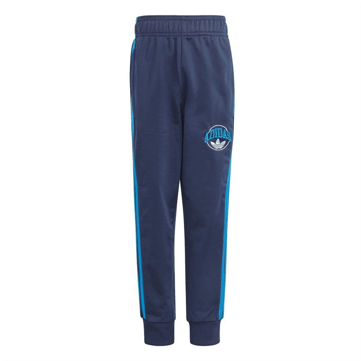 Indigo adidas joggers with blue side stripe and small logo patch