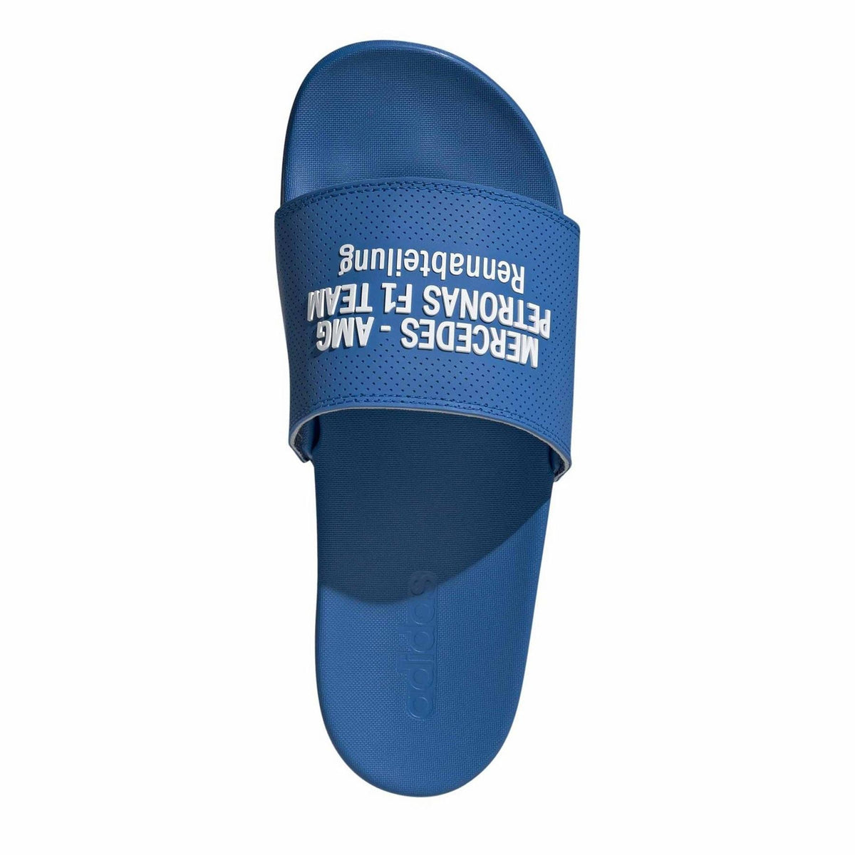 Blue slide sandal with top strap view featuring 'MERCEDES PETRONAS' graphic