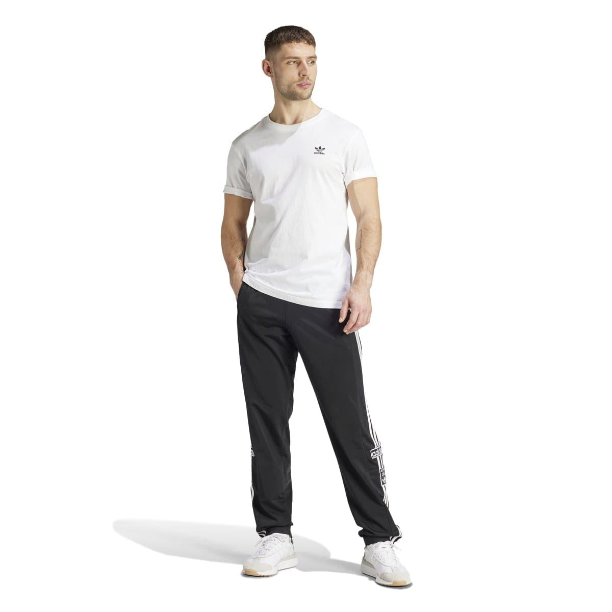 White crew-neck T-shirt with small adidas logo on chest and short sleeves
