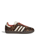 Leopard-print adidas Samba sneakers with white three stripes, red lining, dark rubber sole