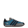 Teal, black and gray lace-up low-top trainers with three stripe detailing and gum sole