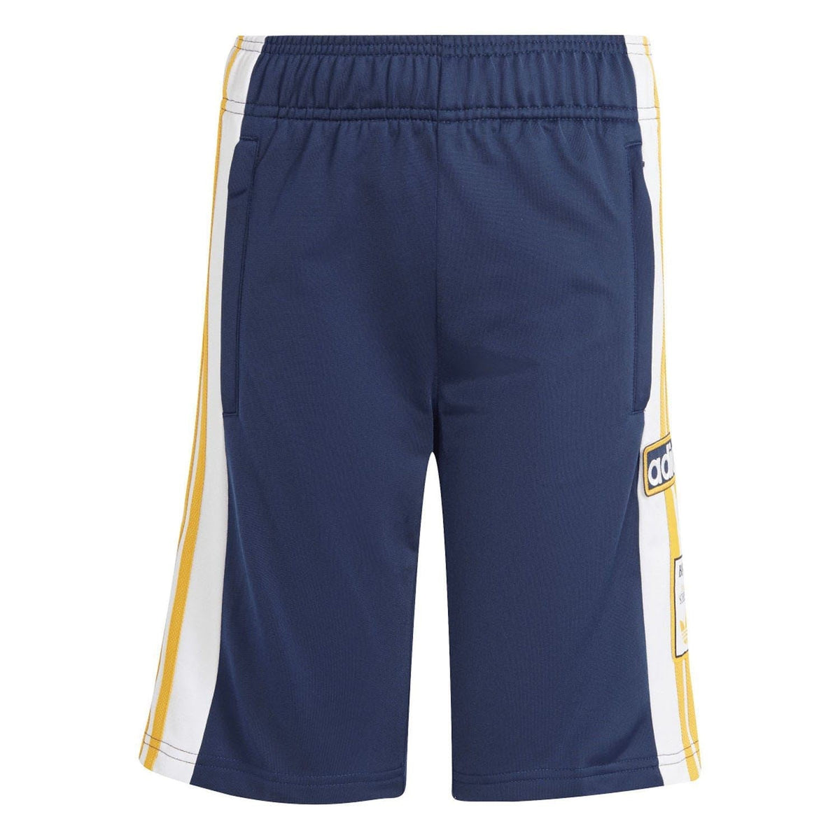 Navy indigo juniors track shorts with elastic waistband and yellow-white side stripes