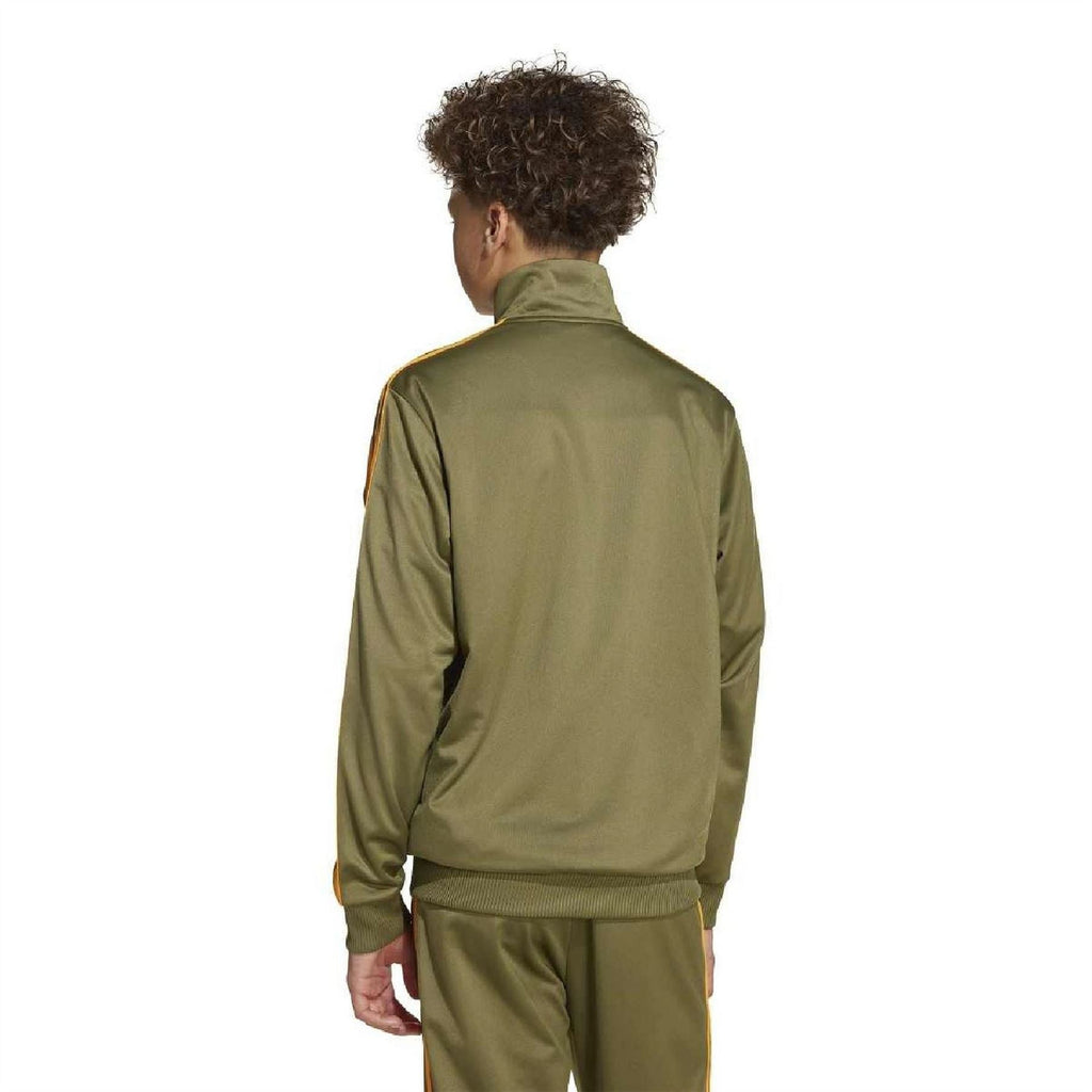 adidas junior athletic zip-up top, olive green back view with yellow-orange side stripes