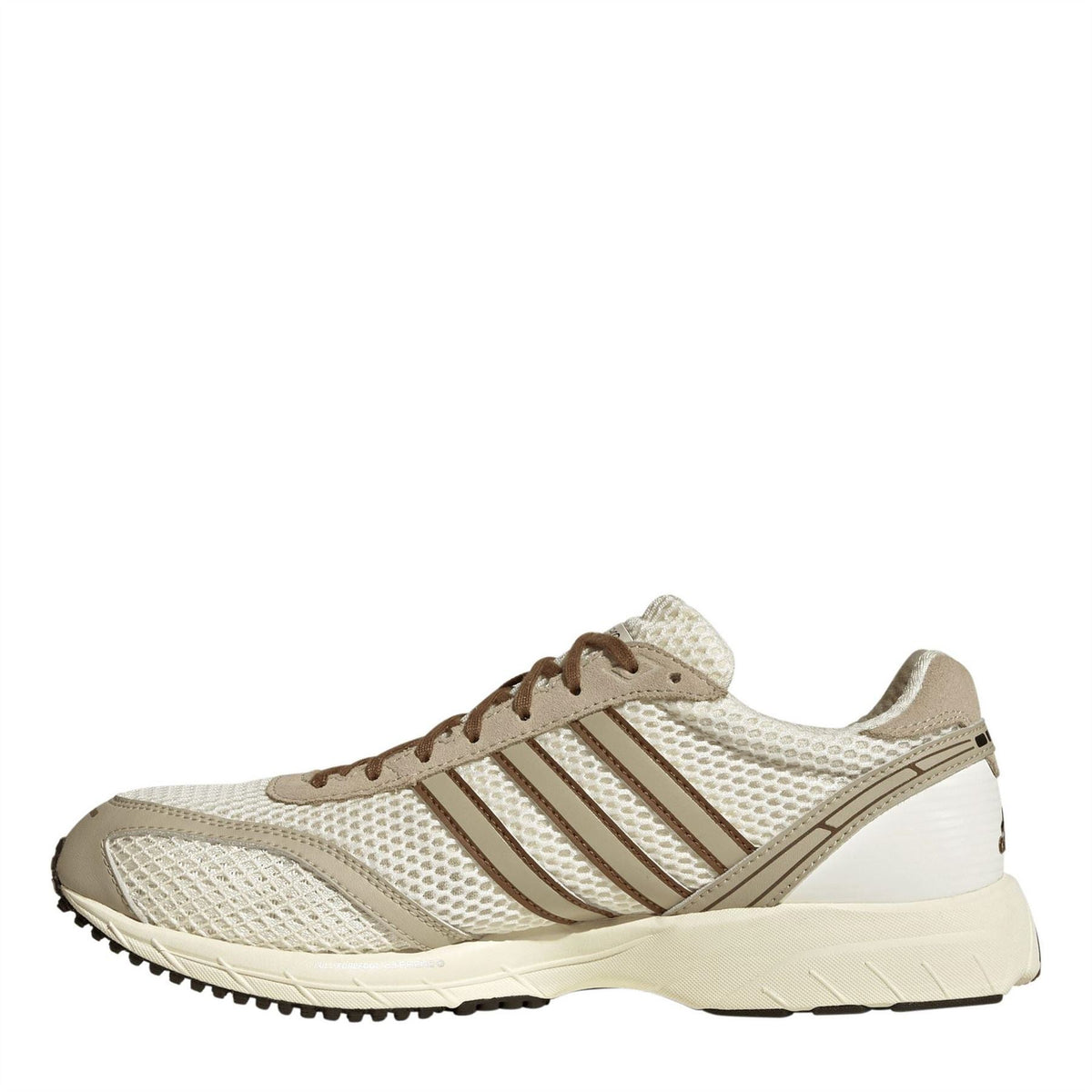 Off-white adidas Adizero lace-up trainers in mesh with brown stripes and foam sole