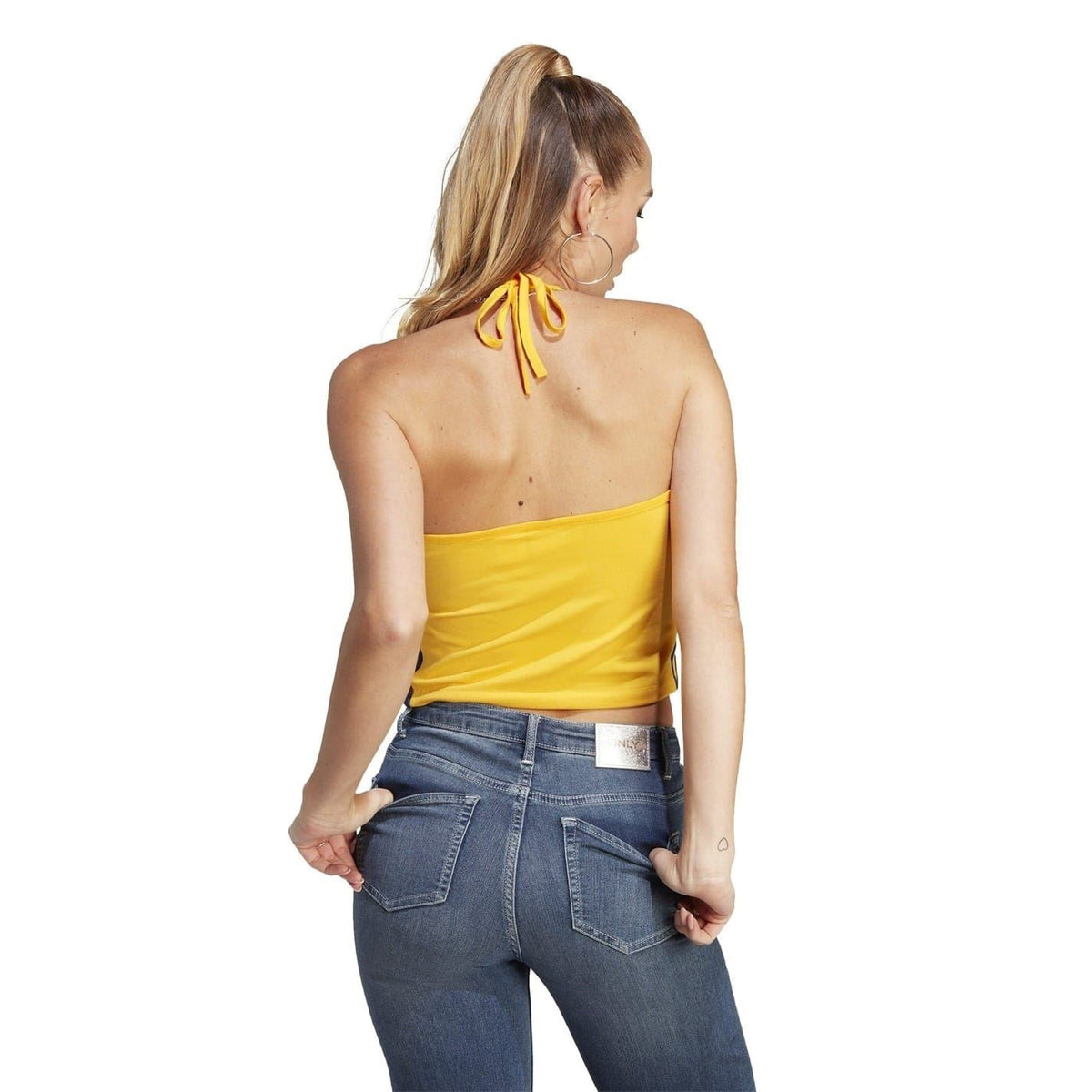 Yellow adidas cropped halter tank top back view with tied neck straps