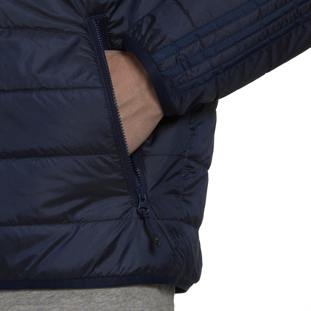 adidas hooded padded jacket in dark navy, front quilting and zip closure detail