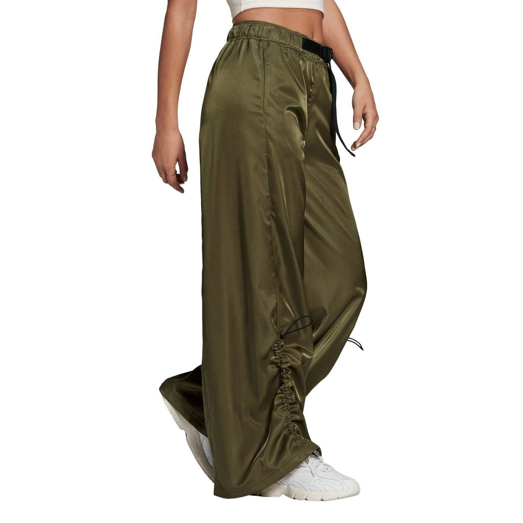 Olive cargo pants with side ties at hem and relaxed wide-leg design