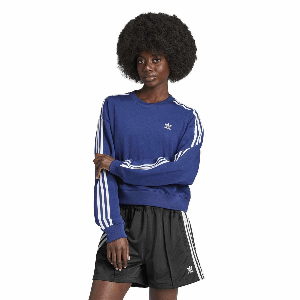 adidas Originals 3 Stripes crew neck long sleeve sweatshirt showing classic striped design and comfortable fabric.