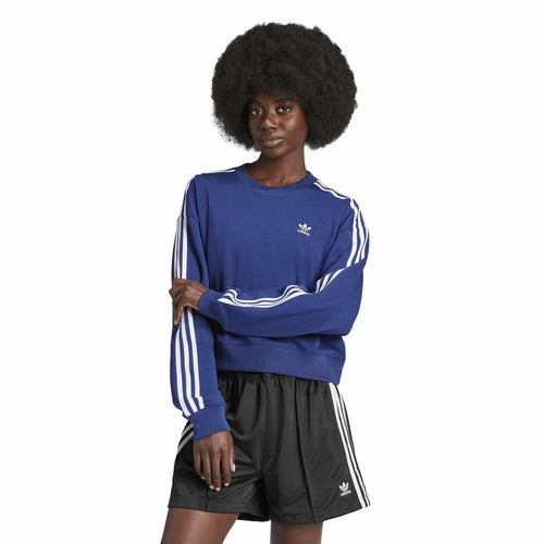 adidas Originals 3 Stripes crew neck long sleeve sweatshirt showing classic striped design and comfortable fabric.