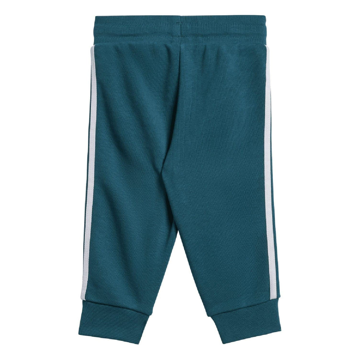 Teal jogger pants with white side stripe and ribbed cuffs