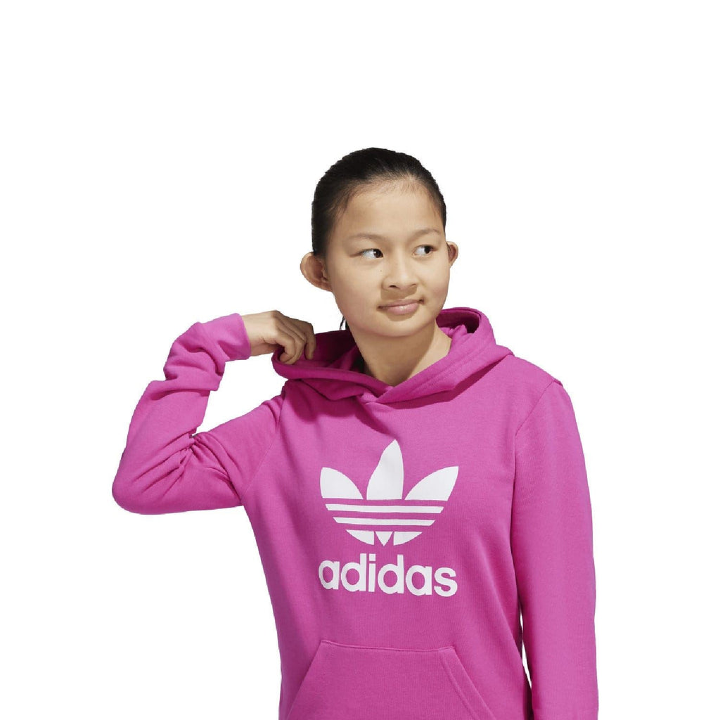 Pink junior trefoil hoodie with adidas trefoil logo on chest and hood