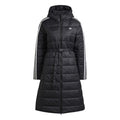 Black hooded puffer jacket with full zip, adidas Originals logo, and white 3-stripe sleeves.