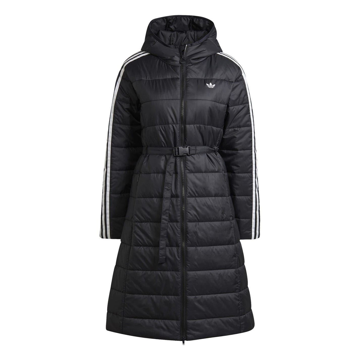 Black hooded puffer jacket with full zip, adidas Originals logo, and white 3-stripe sleeves.
