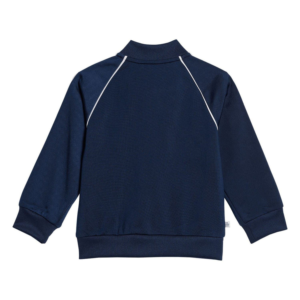 Infants navy adidas tracksuit sweatshirt back with raglan seams and ribbed hem.
