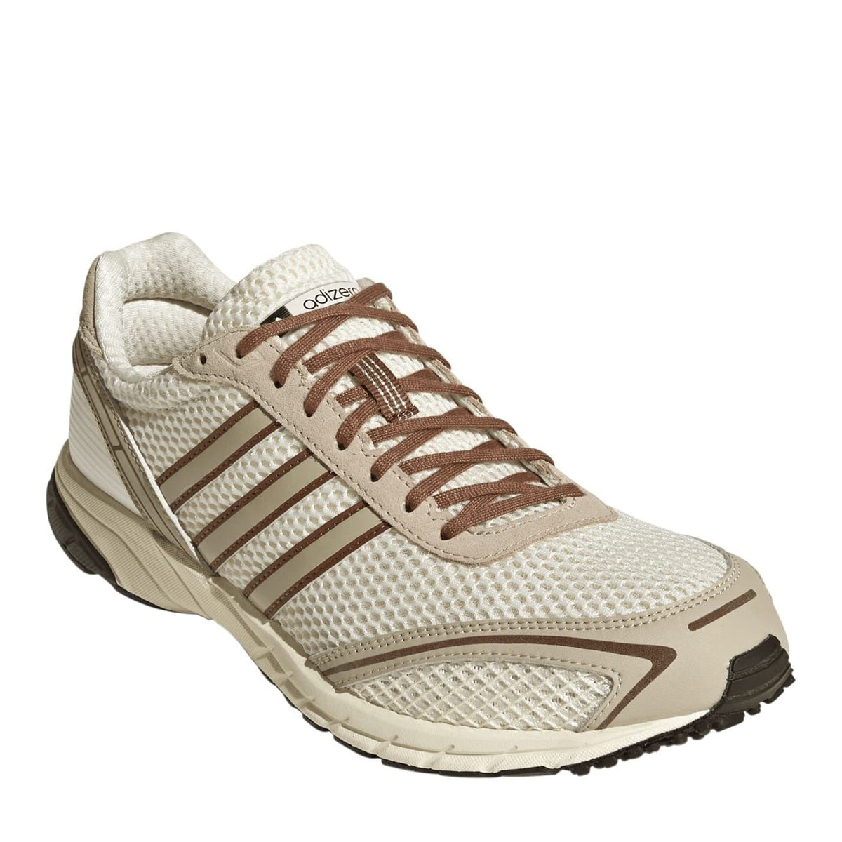 Off-white adidas Adizero running trainers with brown laces, three stripes, mesh upper