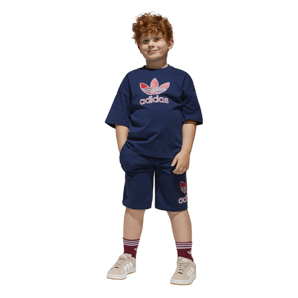 Kids adidas T-shirt and shorts set in dark navy with red trefoil logo