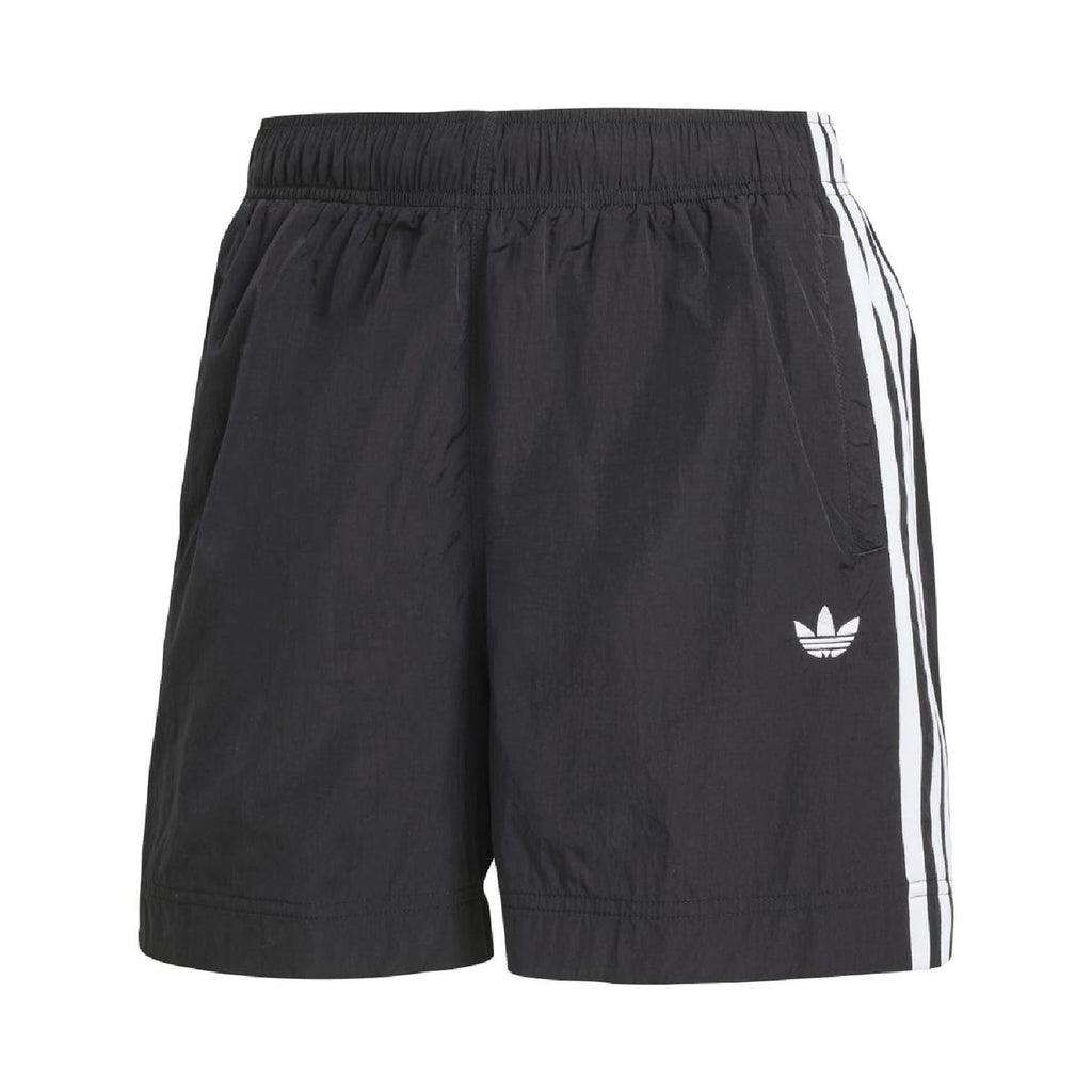 Black woven shorts with elastic waist, white side stripes, and trefoil logo.