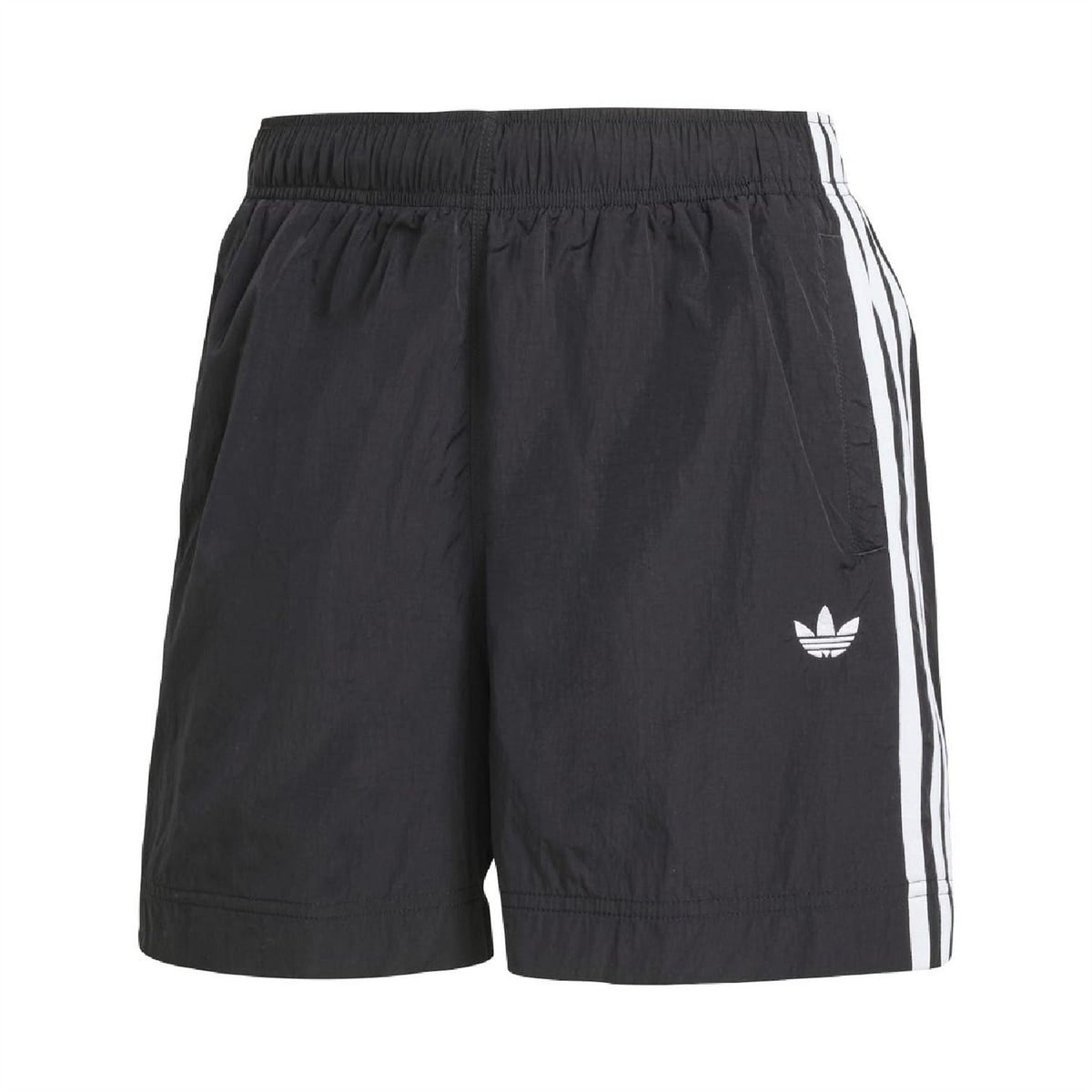 Black woven shorts with elastic waist, white side stripes, and trefoil logo.