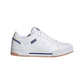 White adidas low-top trainers with blue stripes, lace-up, perforated toe and gum outsole