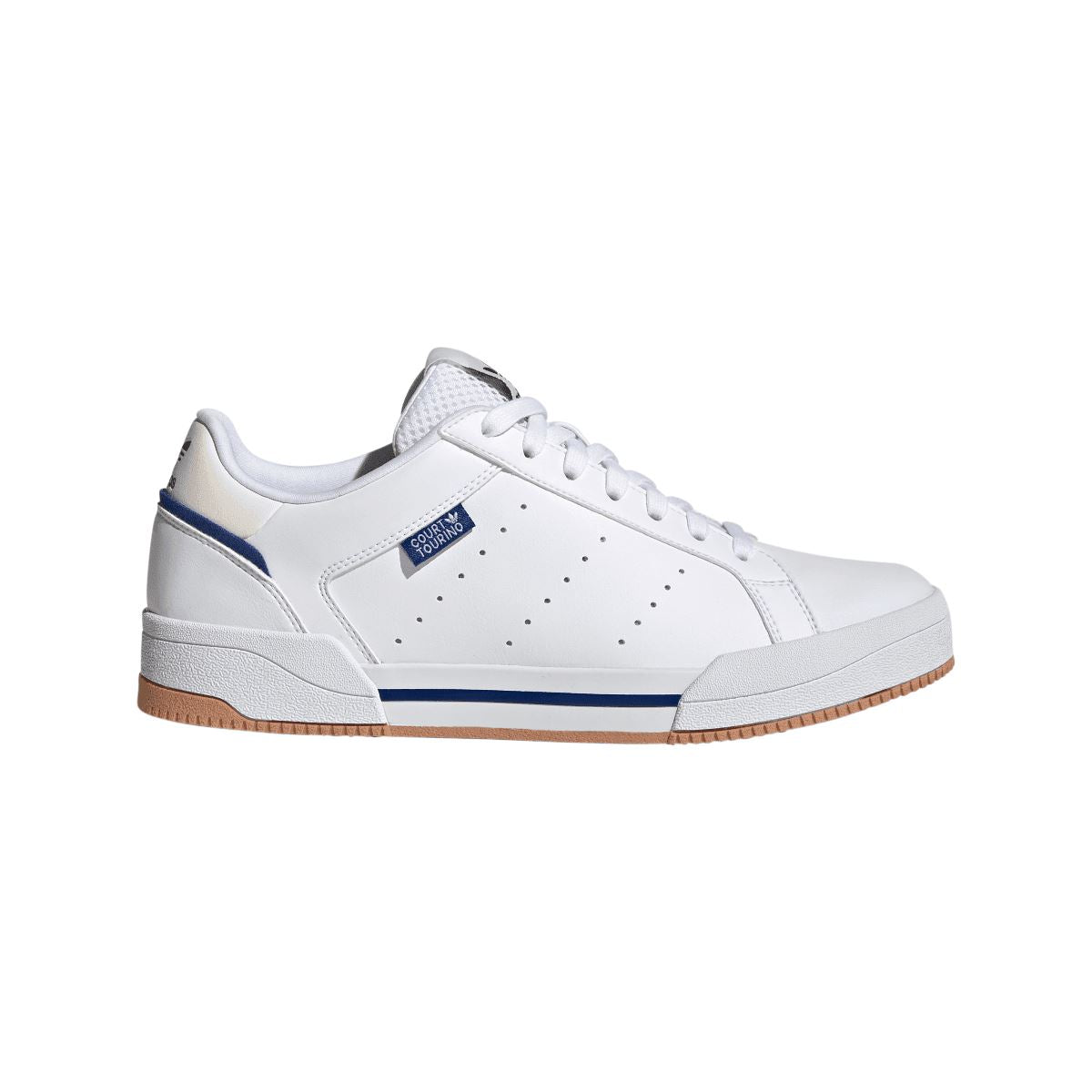 White adidas low-top trainers with blue stripes, lace-up, perforated toe and gum outsole