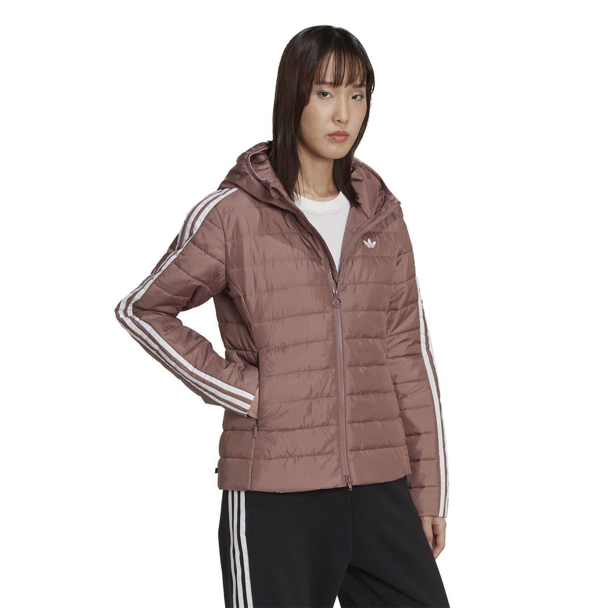 Hooded short slim-fit puffer jacket with zip front and adidas trefoil logo