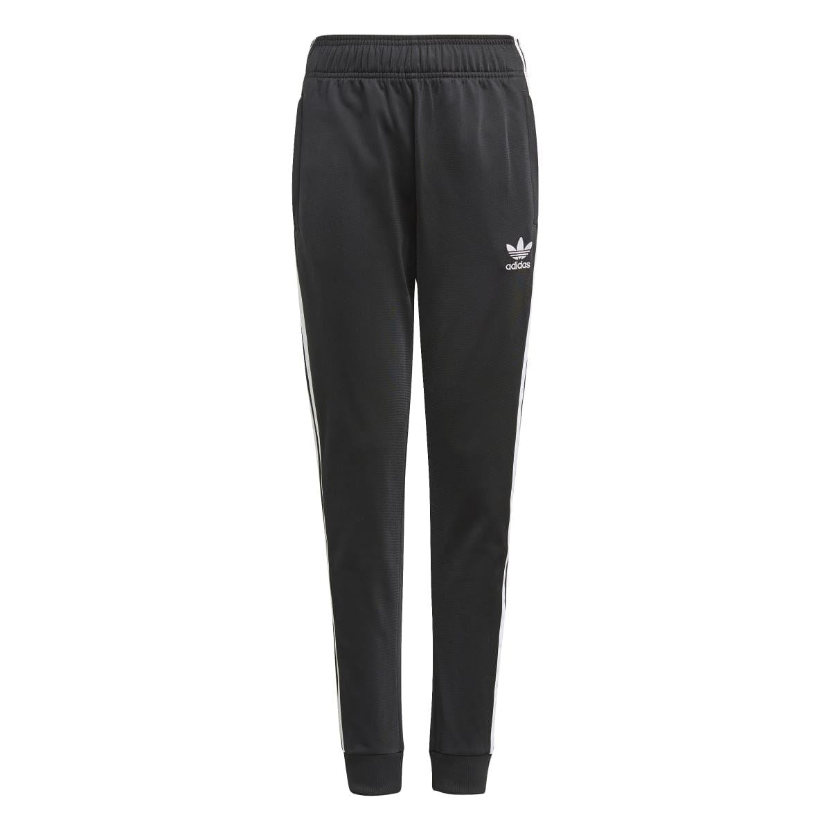Junior track pants with black fabric, white side stripes and adidas trefoil logo