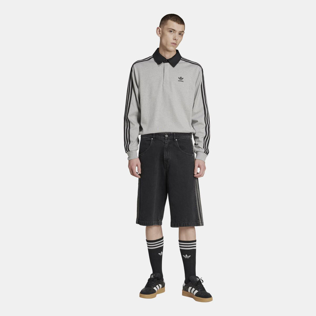 Grey adidas rugby polo shirt with black collar, long sleeves, and three stripe details
