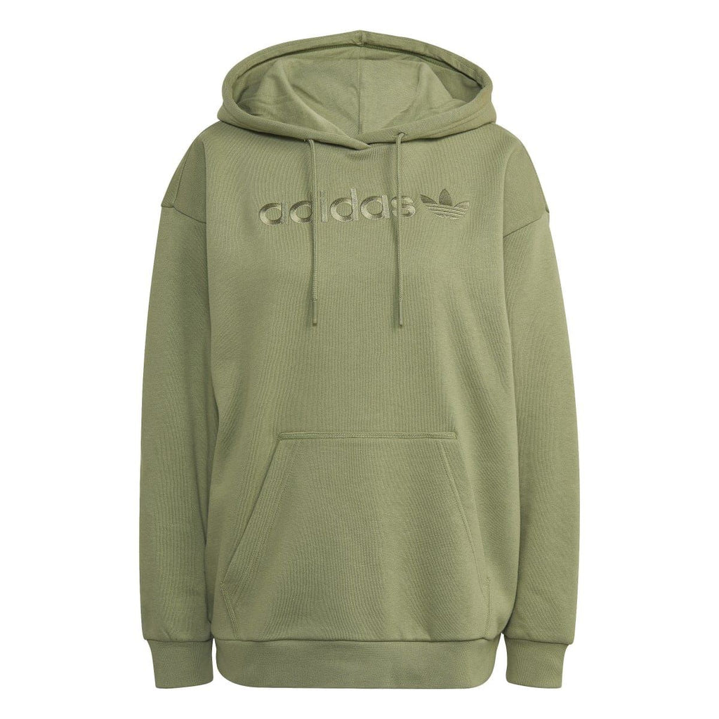 Green adidas Originals pullover hoody front view with adidas logo and drawstring hood