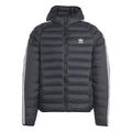 Black padded hooded puffer jacket with full zip and white triple shoulder stripes