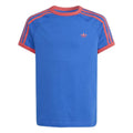 Kids blue T-shirt with orange-striped shoulder panels and small adidas trefoil logo