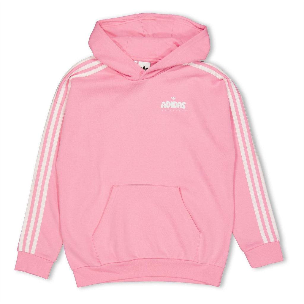 Pink junior pullover hoodie with hood, kangaroo pocket, and adidas Originals logo
