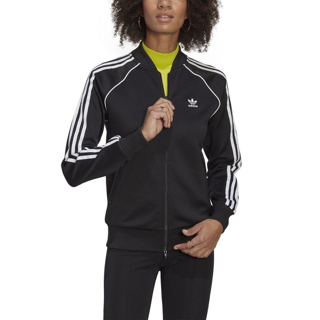 Black track top with full-zip front and white sleeve stripes, adidas logo on chest