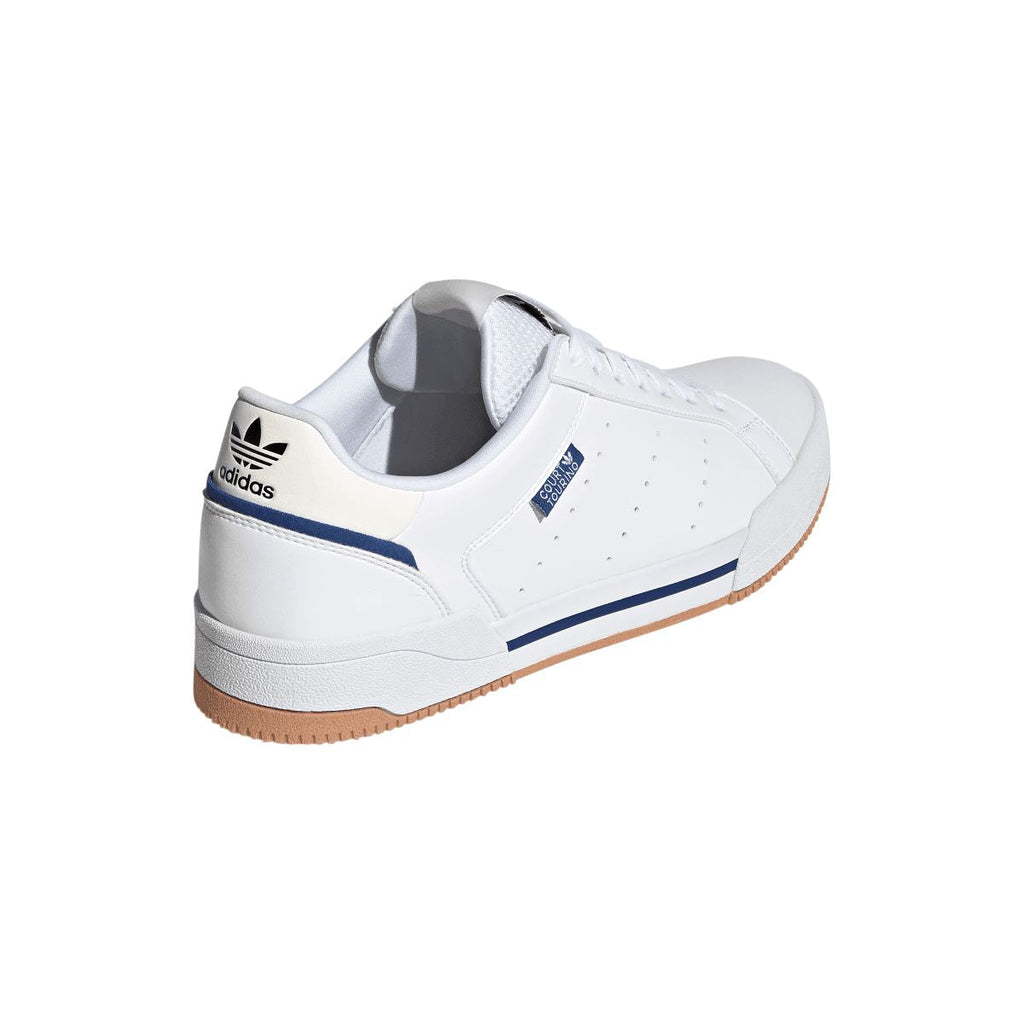 White adidas trainers heel and side view with blue stripe and gum-brown outsole