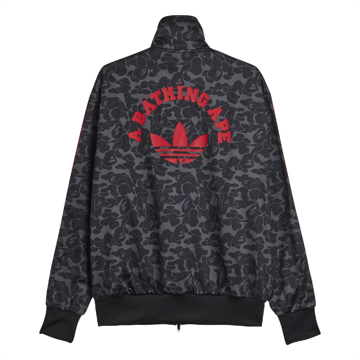 Black camo track jacket with red trefoil logo and full-zip stand collar