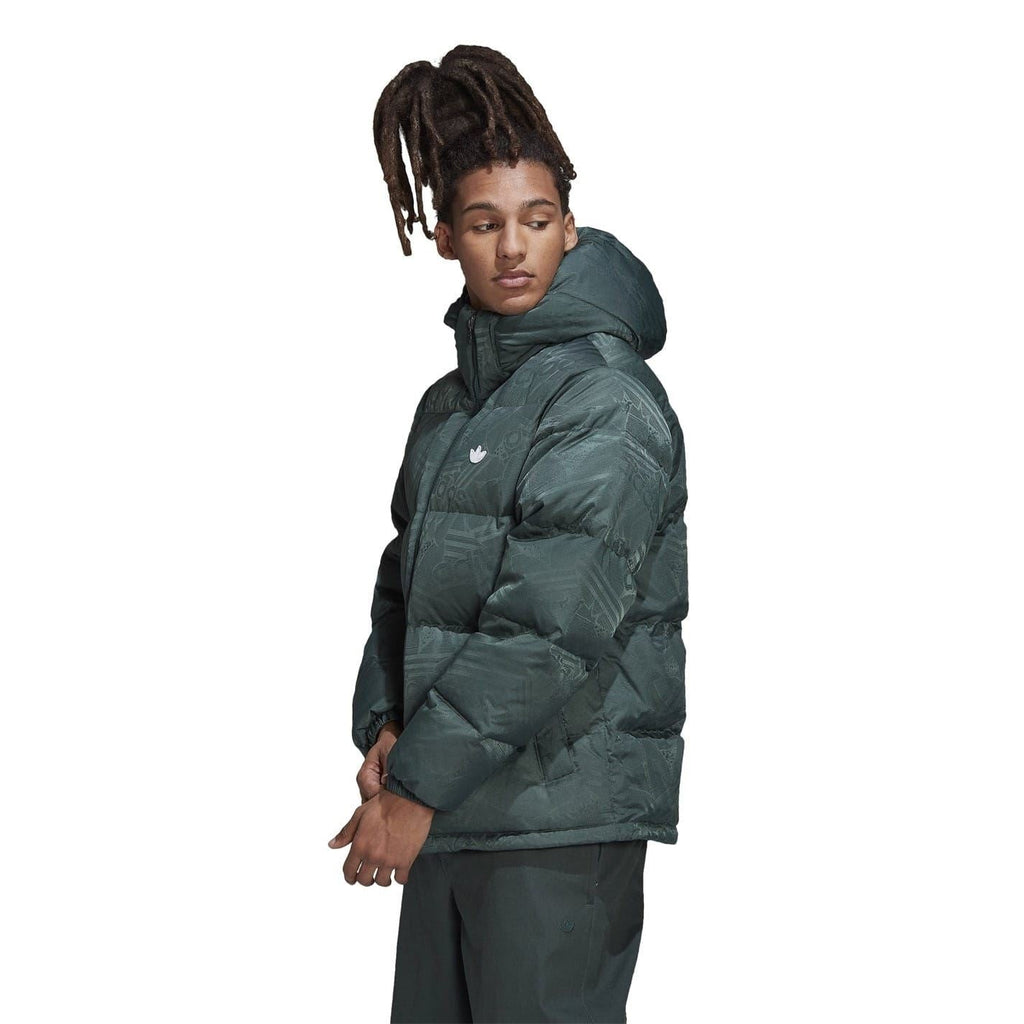 Hooded puffer jacket with full zip and adidas logo, dark green, quilted stitching