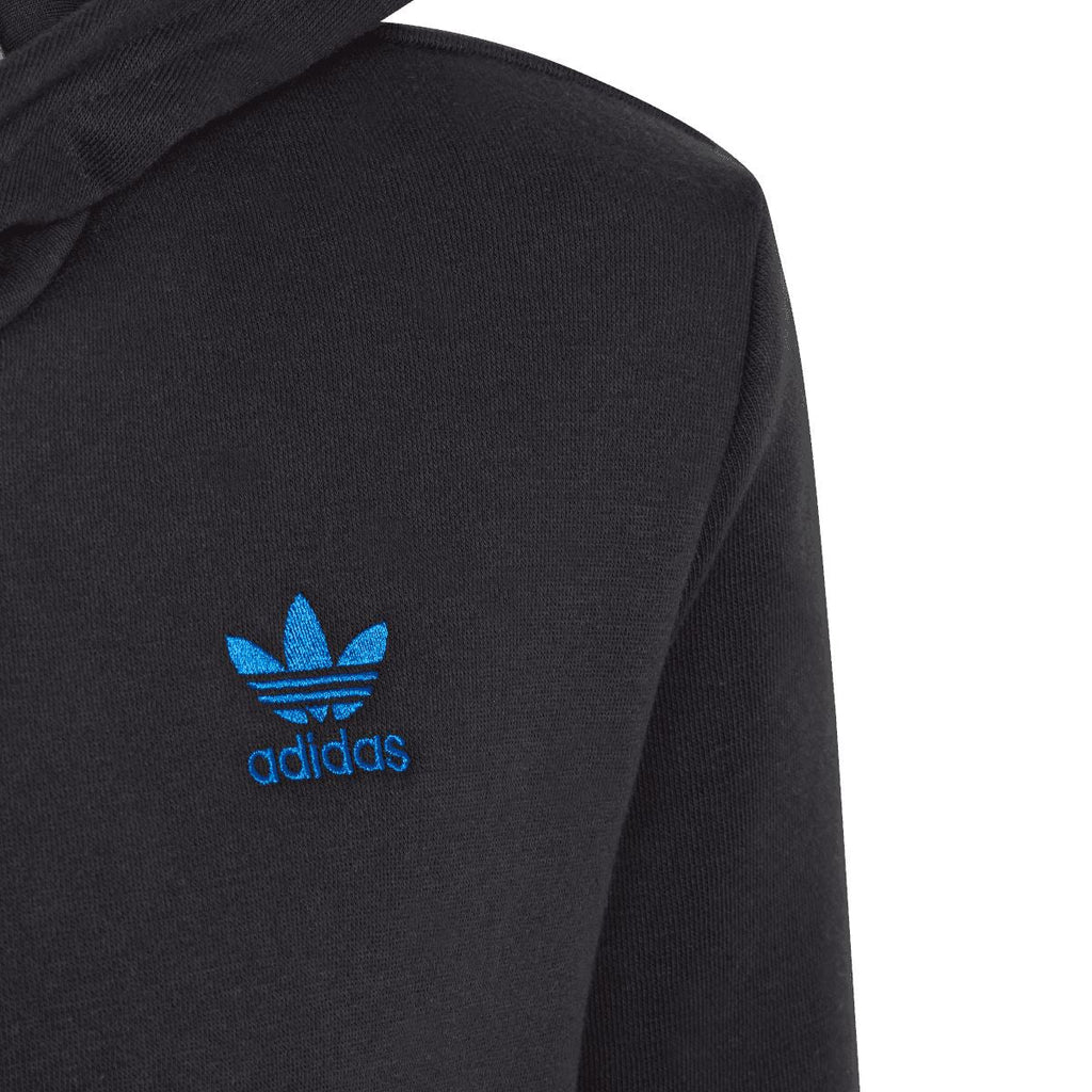 Adidas trefoil logo on black junior hoodie sleeve
